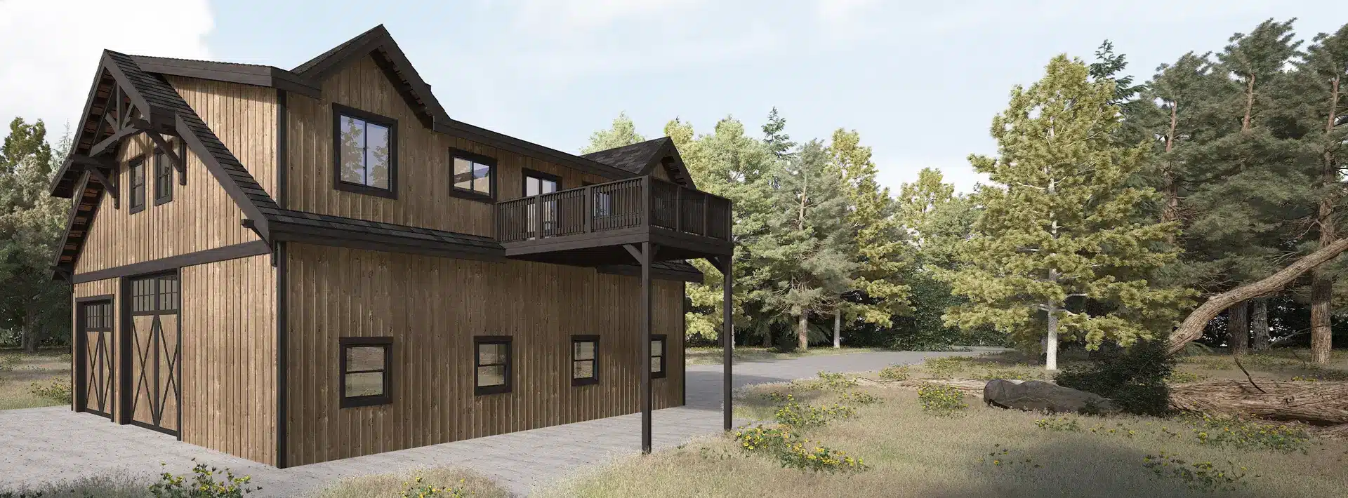 A two-story wooden barn-style house with post and beam structure, black trim, large windows, balcony, trees and wildflowers.