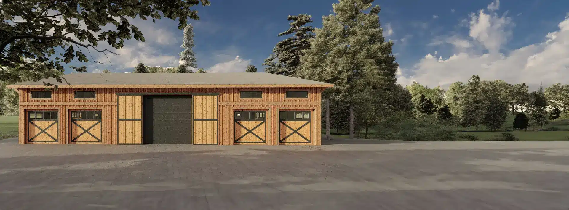 A wooden barn with a large central garage door and two smaller doors stands before a forest under a blue sky with scattered clouds.