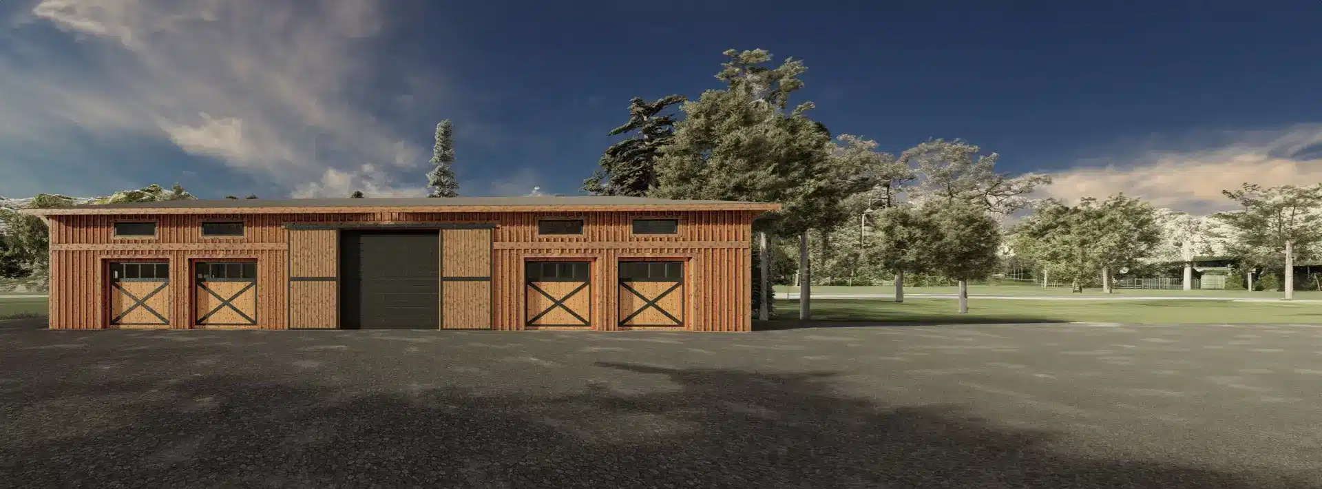 A wooden barn with three large doors, two featuring cross-brace designs, stands on a paved area with trees and fields behind it.