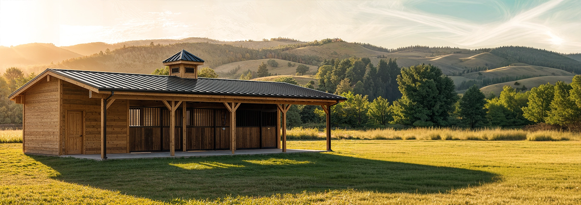 A wooden barn with a metal roof stands on a grassy field, surrounded by trees and hills under a bright sky with wispy clouds.