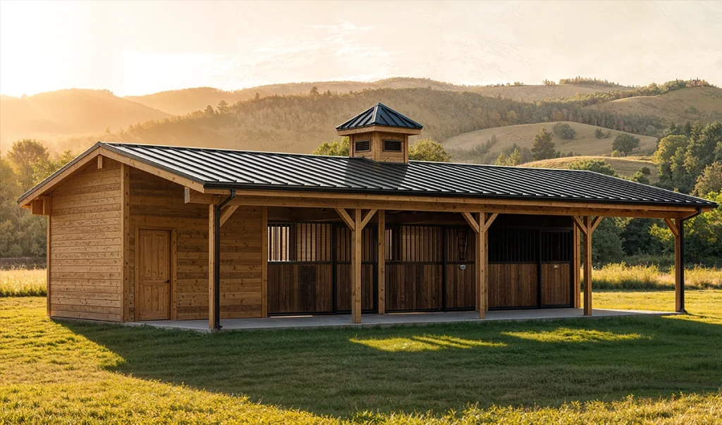 A wooden barn with a black metal roof stands on green grass, surrounded by rolling hills and trees in warm sunlight.