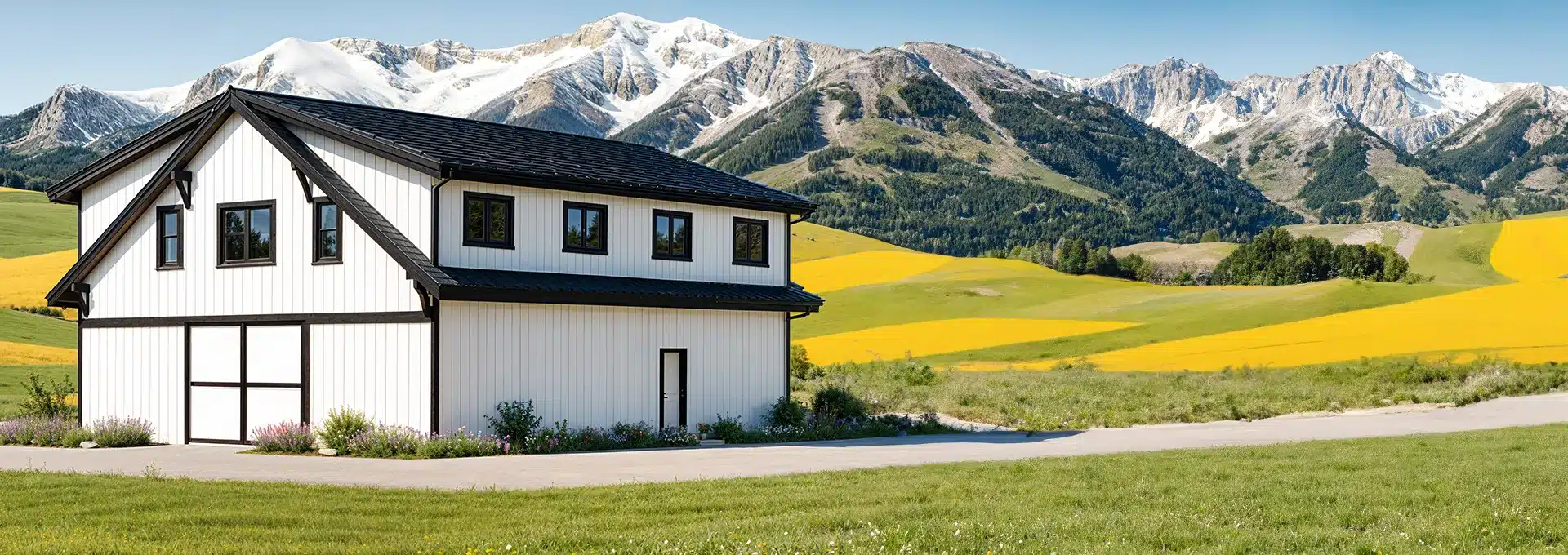 A white barn-style house with black trim sits by a driveway, green grass, fields, wildflowers, and snow-capped mountains behind.