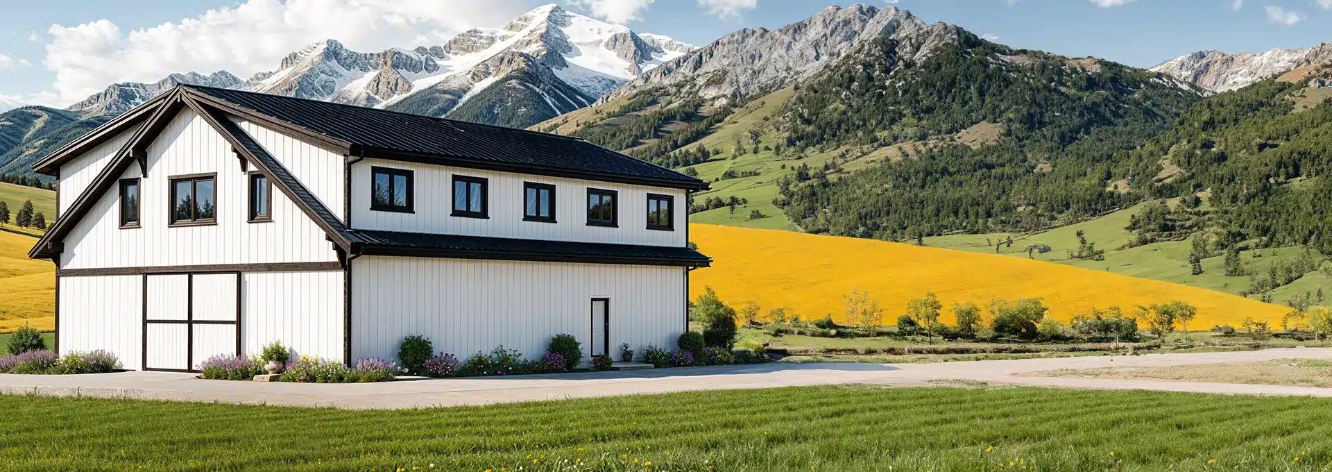 A white barn with black trim on green grass, surrounded by flowers, with yellow fields and snow-capped mountains under a blue sky.