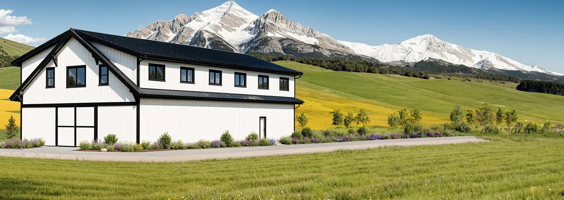 A modern white barn with black trim sits on a green field, with yellow wildflowers, purple shrubs, snowy mountains, blue sky.