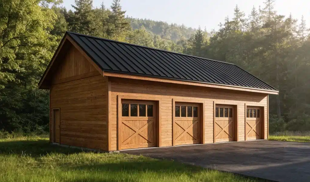 A wooden three-car garage with a black metal roof stands on a paved driveway, surrounded by green grass and trees in sunlight.