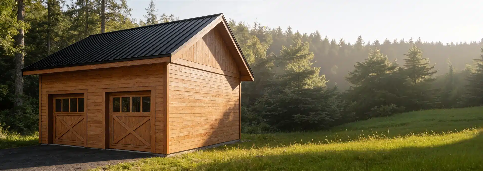 A wooden two-car garage with a black metal roof sits at the edge of a green field, bordered by dense pines in morning sunlight.