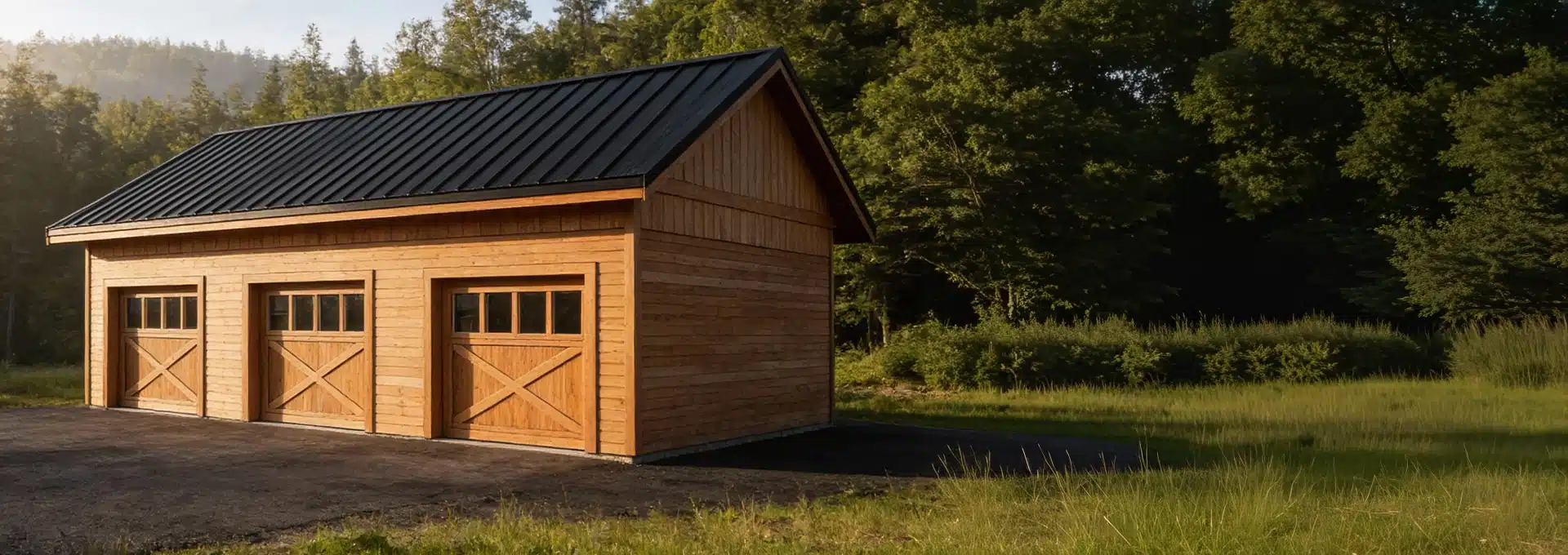 A wooden three-car garage with a black metal roof sits on a paved driveway, surrounded by green grass and trees in sunlight.