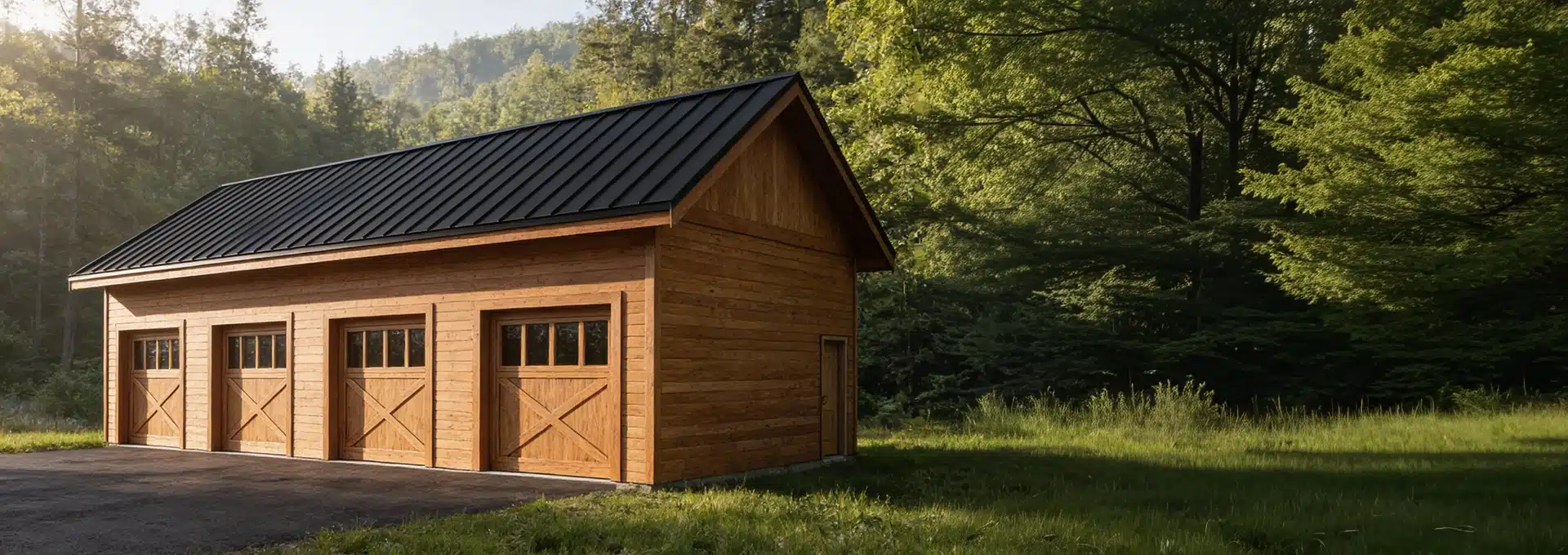 A wooden three-car garage with black metal roof stands on a paved driveway, surrounded by green grass and tall trees in sunlight.