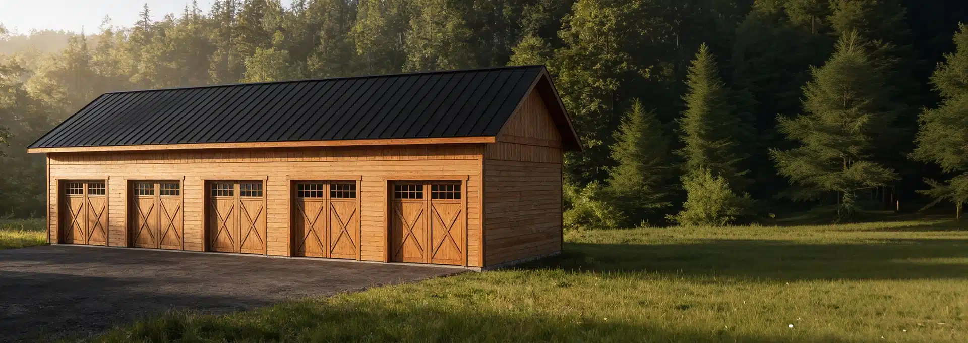 A wooden garage with five doors and a black roof sits at the edge of a grassy clearing, surrounded by tall green trees in sunlight.
