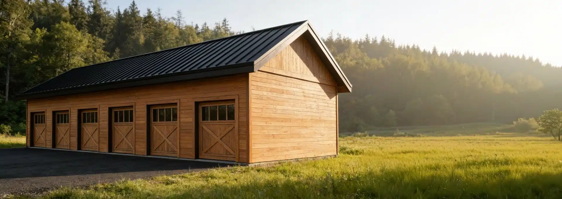 A wooden garage with five doors and a black metal roof stands at the edge of a sunny grassy field, with trees and hills behind.