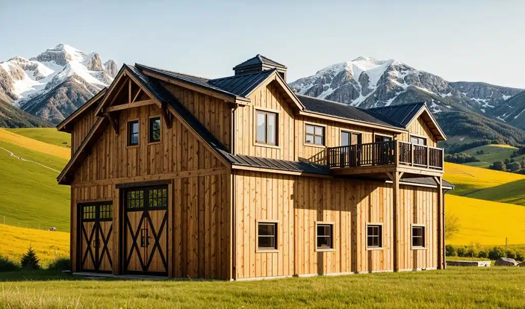 A large post and beam barn-style house with a black metal roof on green grass, surrounded by hills and snow-capped mountains.