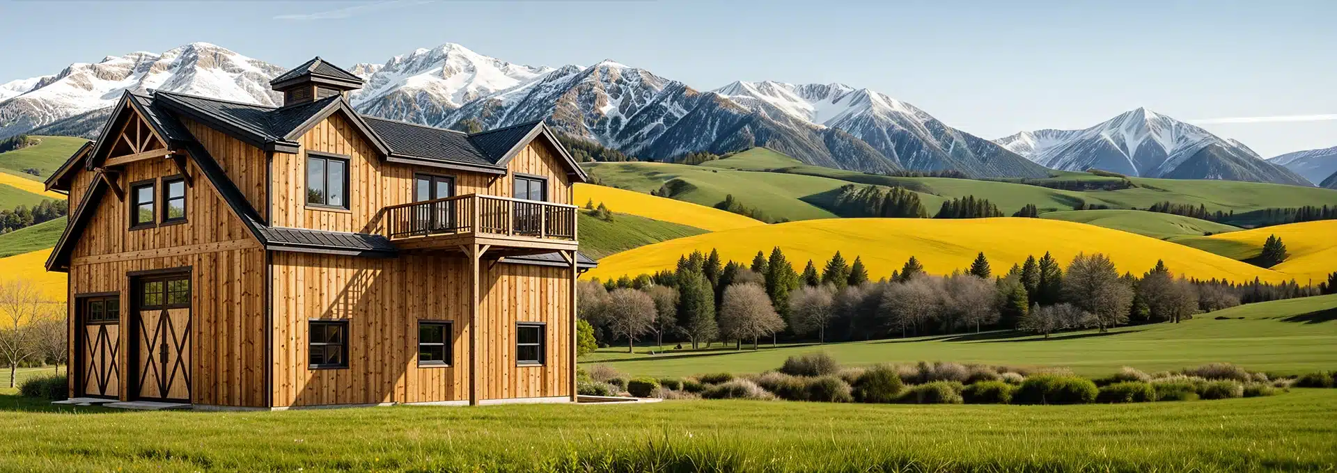 A post and beam wooden house stands in a green field with yellow patches, rolling hills, snowy mountains, and scattered trees.