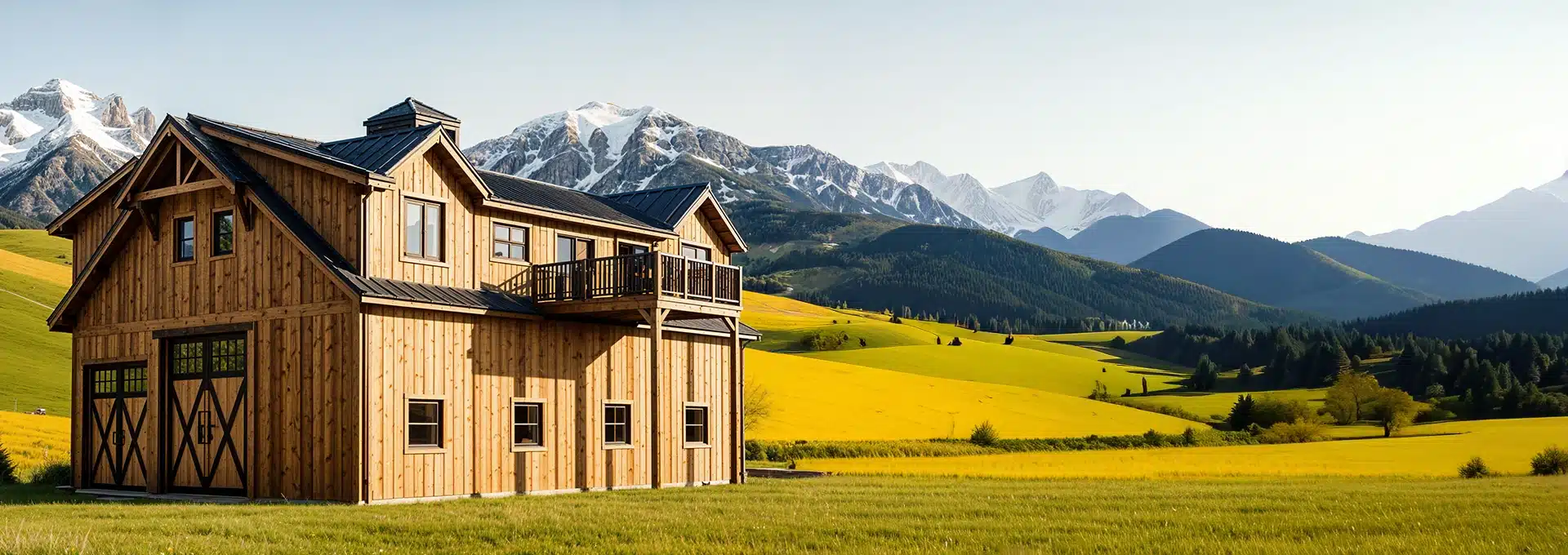 A wooden barn-style house with post and beam structure sits in a yellow field, rolling hills, pine trees, and snow-capped mountains.