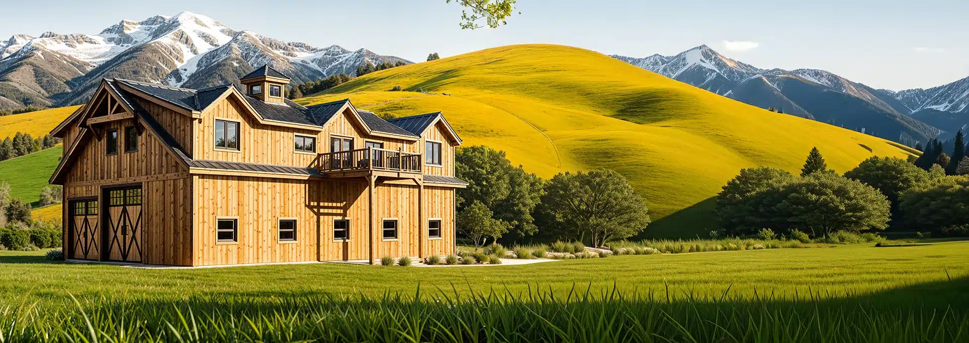 A wooden farmhouse with large windows and a balcony stands on a green lawn, with hills and snow-capped mountains in the background.