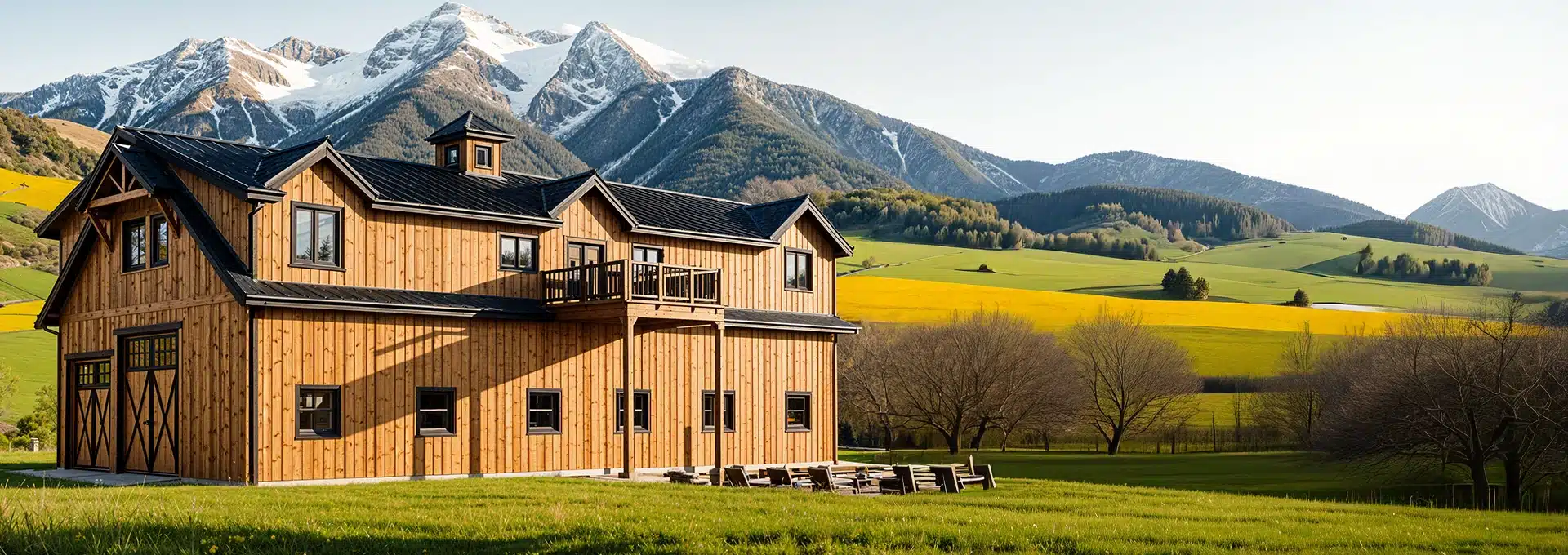 A large wooden barn-style house with black roofs stands on a grassy field, surrounded by trees and snow-capped mountains.