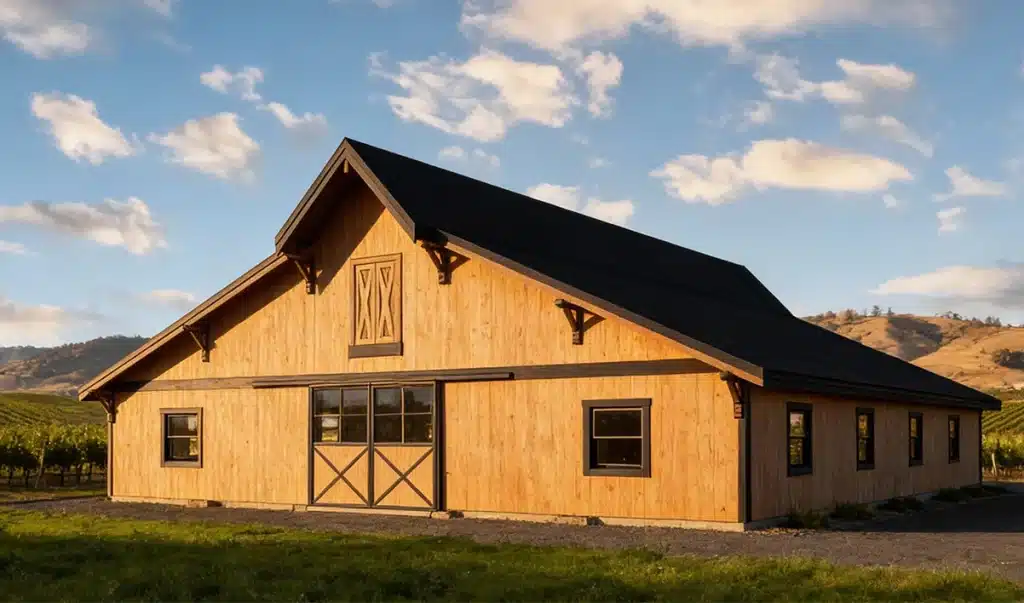 A large, light wooden barn with black trim and a dark roof stands on open land under a blue sky with scattered clouds, hills behind.