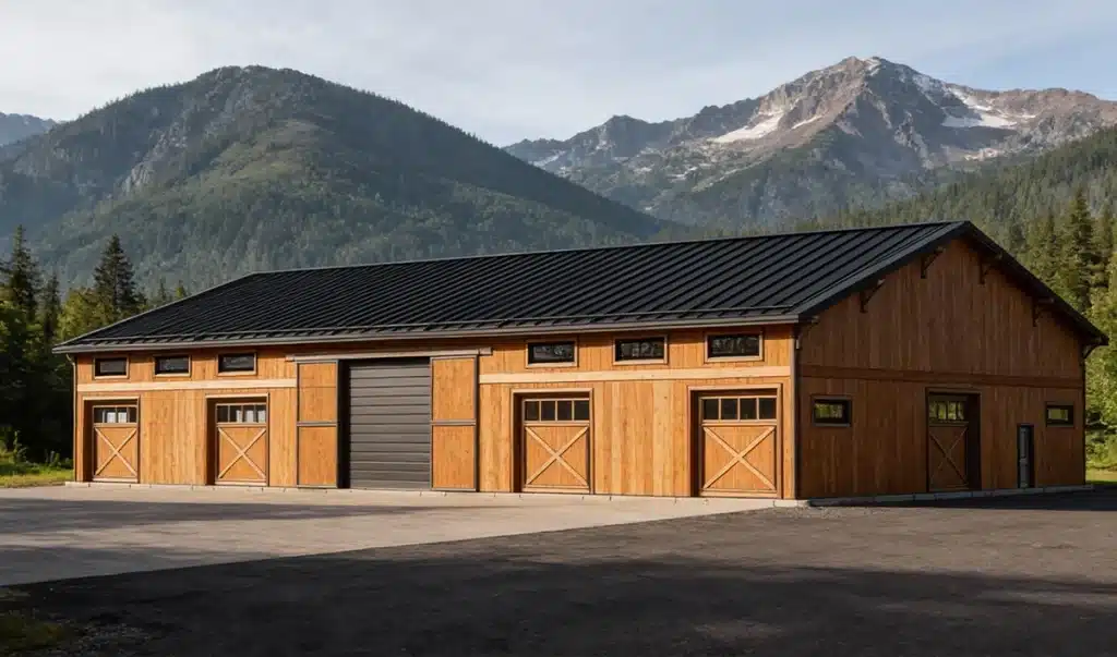 A large wooden barn with a black metal roof sits on a paved area, surrounded by pine trees and mountains under a clear sky.