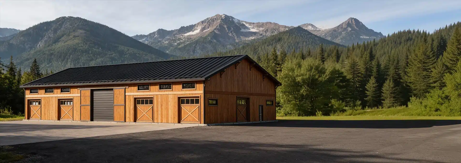 A large wooden barn with a black metal roof sits on a paved area, surrounded by pine trees and mountains under a clear blue sky.