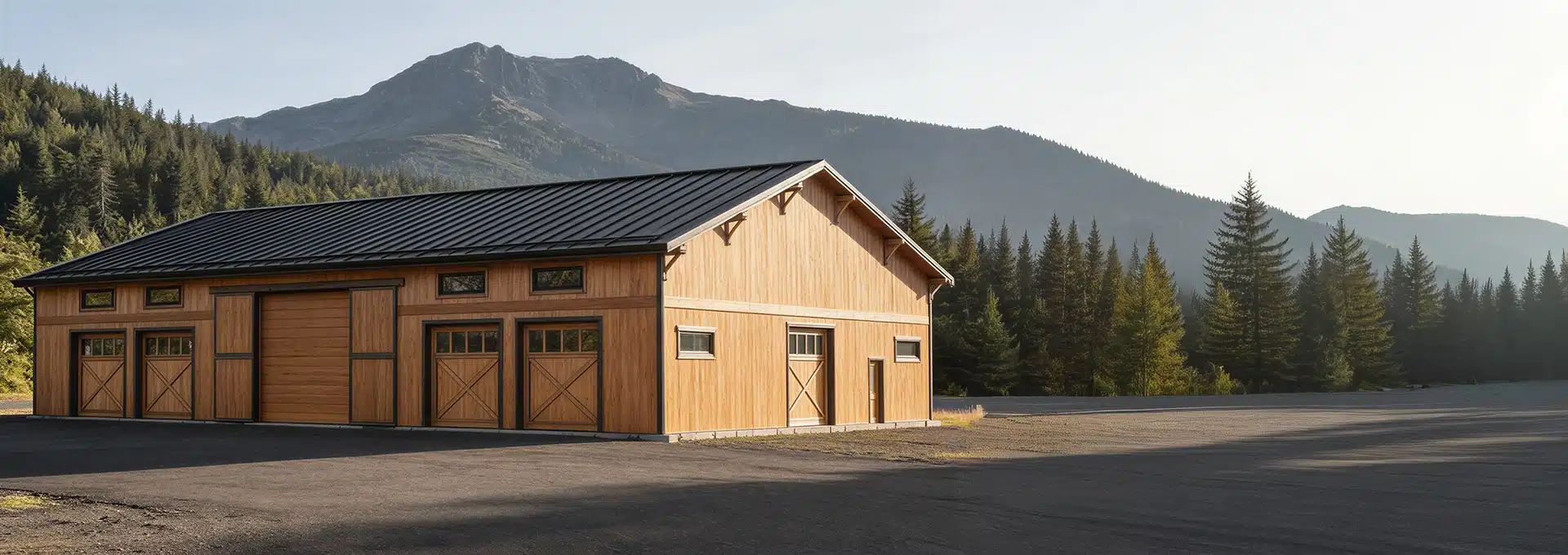 A large wooden barn with multiple garage doors sits on asphalt, surrounded by pine trees and mountains under a clear sky.