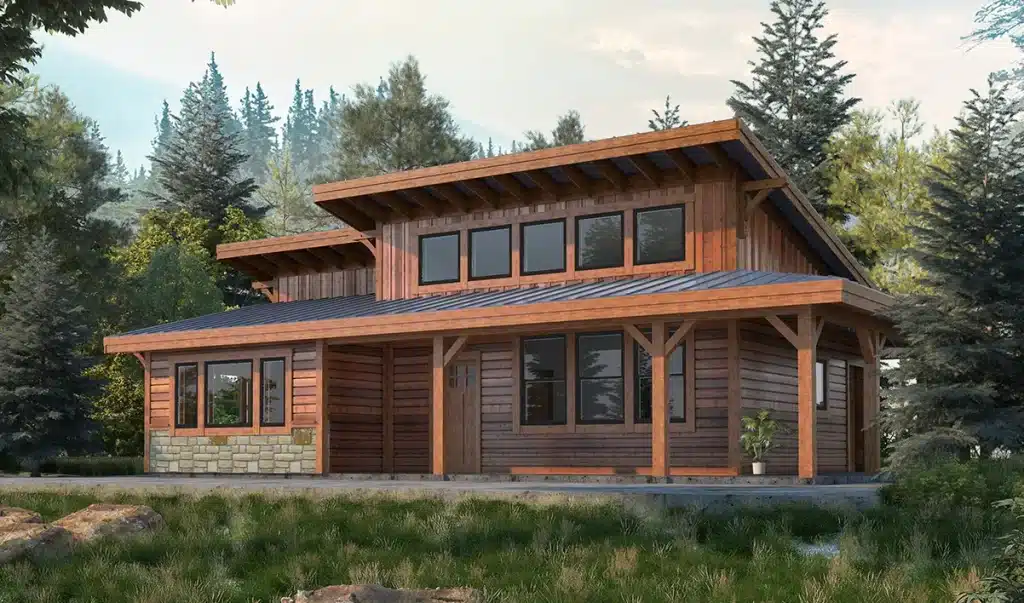 Modern wooden cabin with large windows and a metal roof surrounded by trees and greenery. Front porch has a potted plant and stone wall accent.