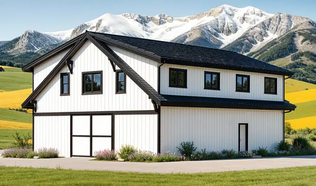 A modern white barn with black trim sits on a grassy lawn with wildflowers, backed by green fields and snow-capped mountains.