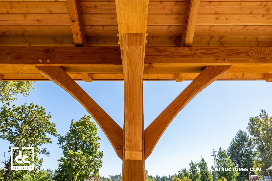 Close-up view of a wooden pergola’s support beams and roof structure, set against a background of green trees and a clear blue sky.