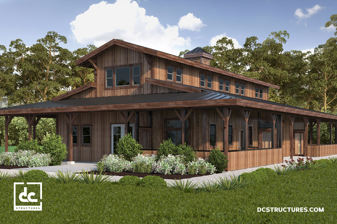 A modern farmhouse with a wooden exterior surrounded by lush greenery and a blue sky. The building features a wraparound porch and large windows, blending rustic and contemporary design elements.