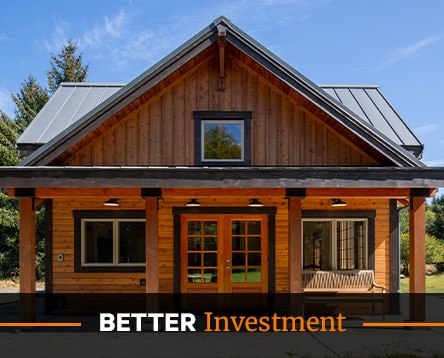 A wooden two-story house with a metal roof, front porch, and swing evokes charm, reminiscent of cozy cabin kits. The text "BETTER Investment" graces the bottom. Towering trees and a clear blue sky provide the perfect backdrop, enhancing its serene allure.