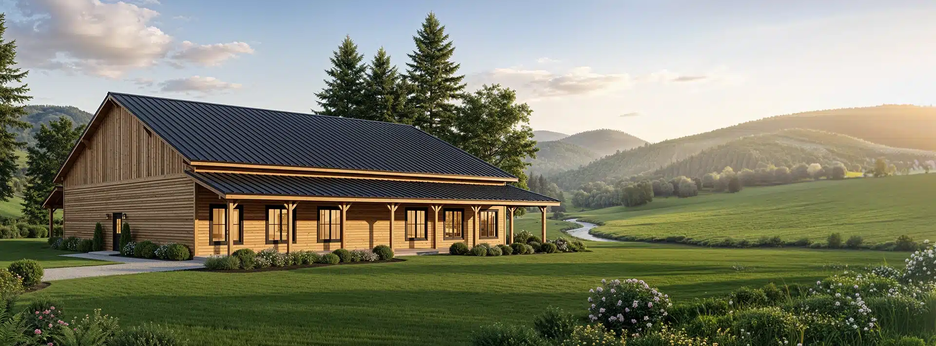 A modern wooden house with a dark metal roof on a lush lawn, surrounded by bushes, trees, and hills under a sunny, cloudy sky.