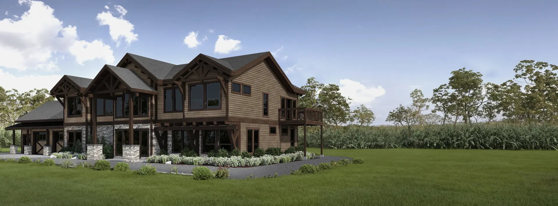 A large two-story wooden house with dark accents and many windows sits in a landscaped yard, surrounded by grass and trees.