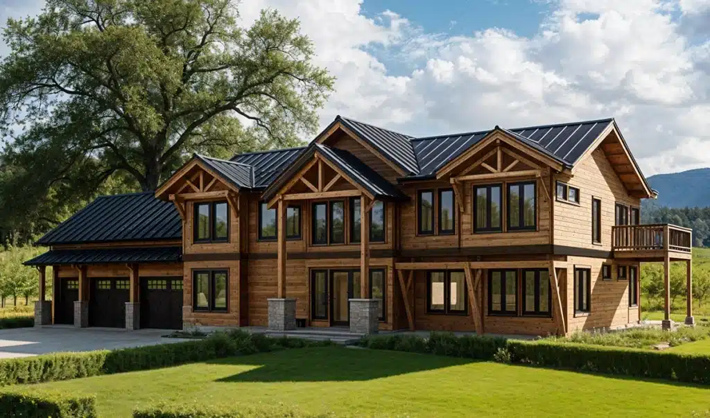 A large, modern two-story wooden house with many windows, a black metal roof, and three-car garage surrounded by greenery.