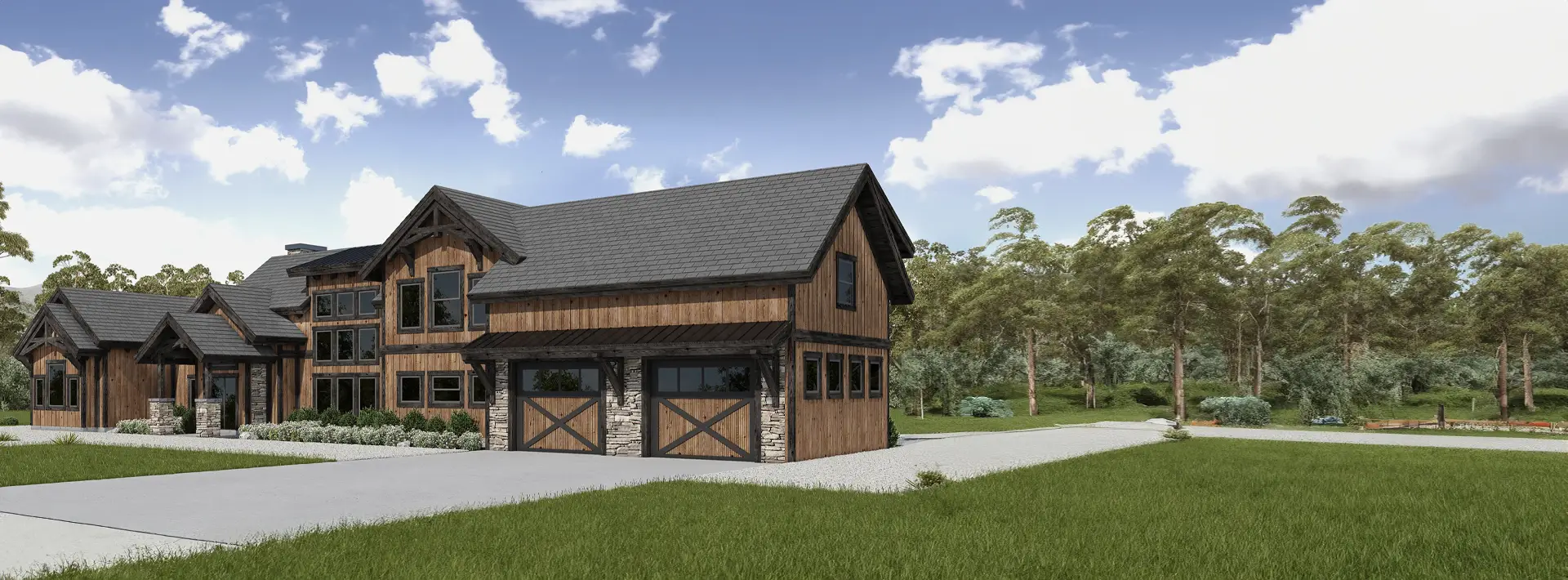 A modern rustic two-story house with wooden siding and stone accents, large windows, double garage doors, green grass, and trees.