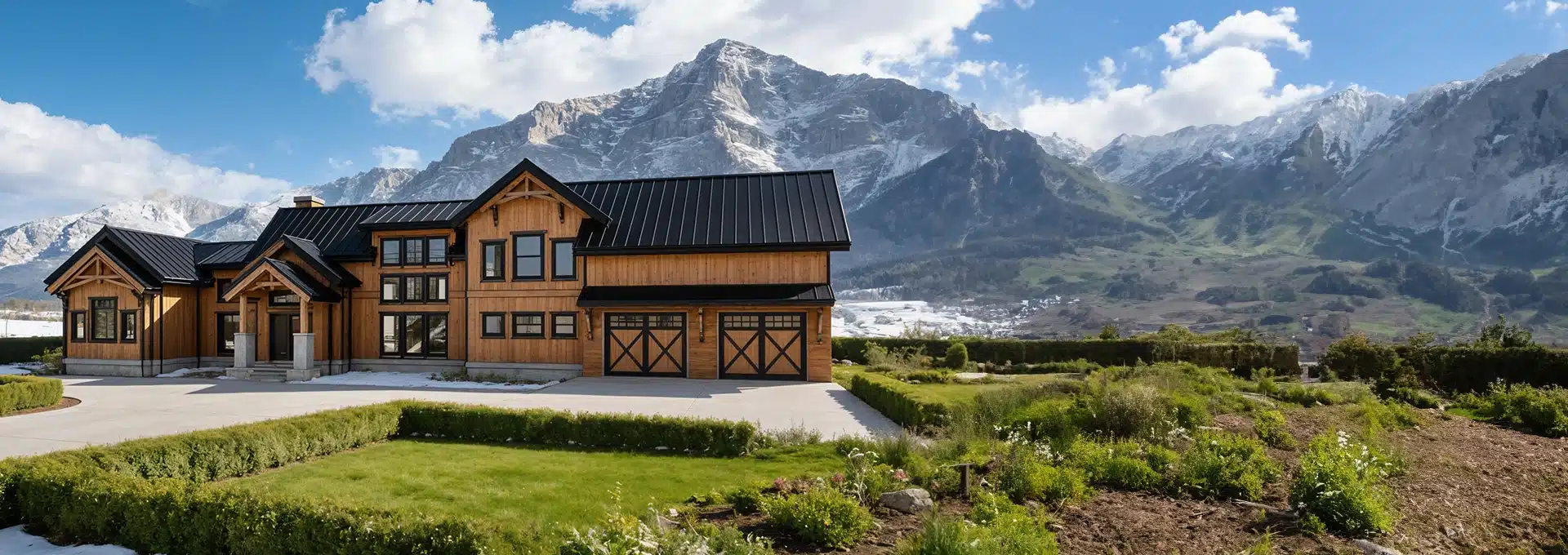 A large wooden house with black trim and three garage doors sits on a manicured lawn, with mountains in the background.