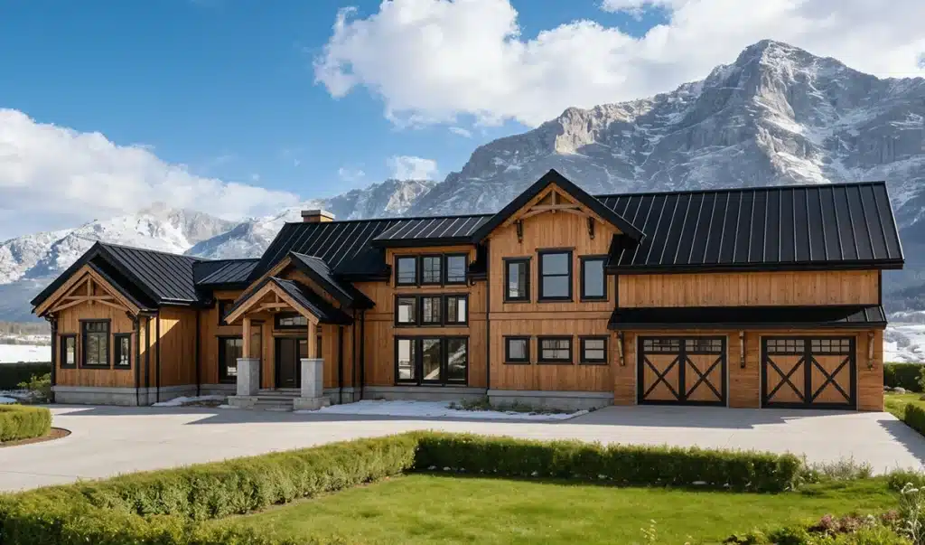 A large modern wooden house with black metal roofing sits before snow-capped mountains. A driveway and lawn lead to the entrance.