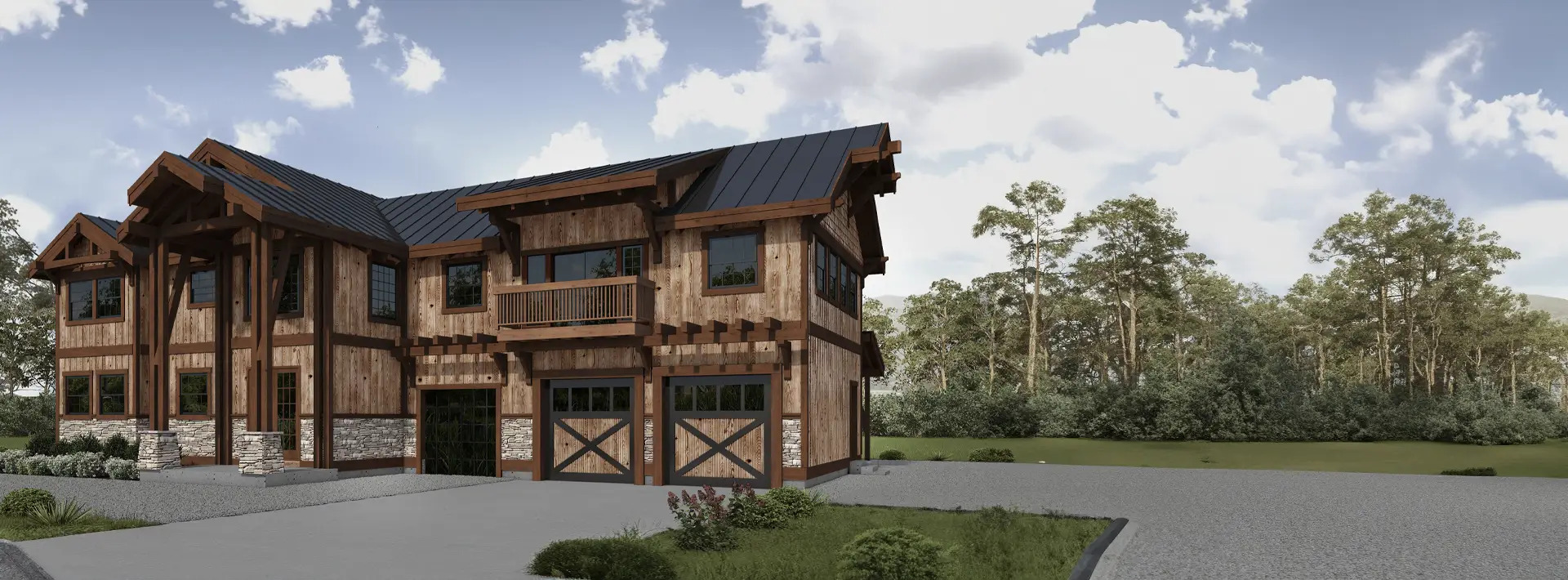 A large rustic two-story house with wooden beams, stone accents, and a metal roof sits beside a driveway surrounded by trees.