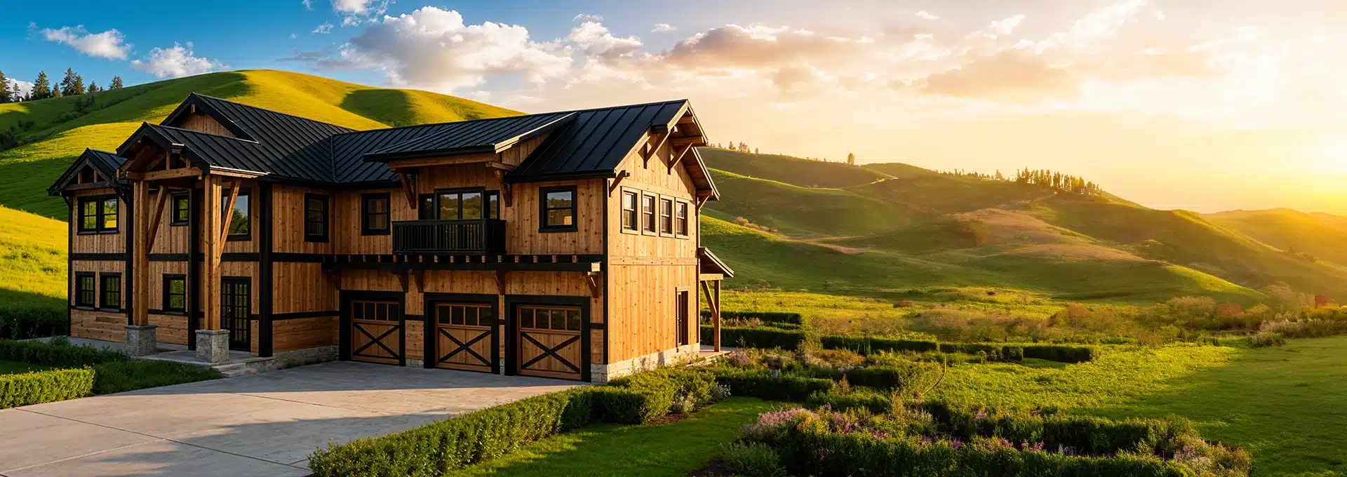 A large modern wooden house with black accents sits before green hills, manicured shrubs, and gardens under a sunset sky.