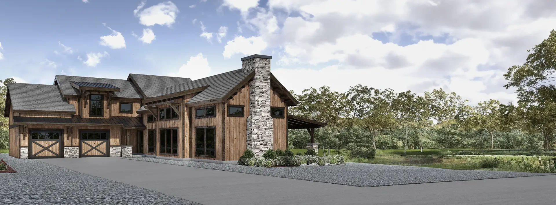 A modern rustic house with wood and stone exterior, large windows, double garage, and landscaped yard sits by a pond and trees.