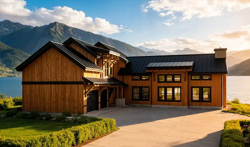 A modern wooden house with large windows sits by a lake, surrounded by mountains and greenery under a bright sunset sky.