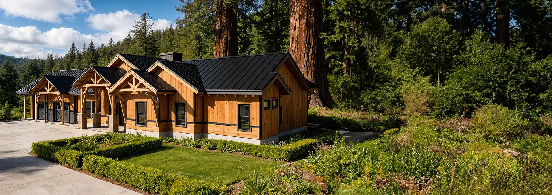 A modern wooden house with a black metal roof sits by a lush garden and tall trees, surrounded by greenery under a blue sky.