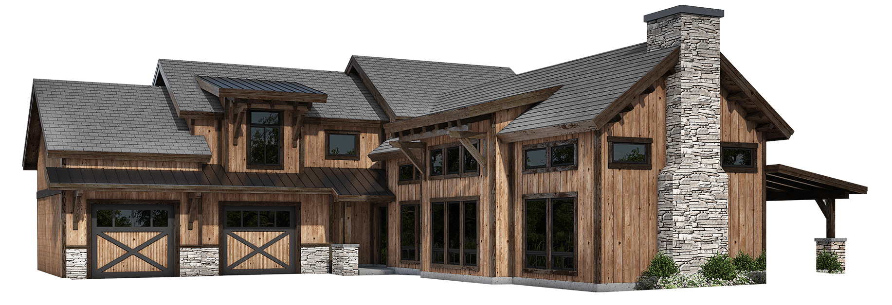 A large wooden house featuring a modern rustic design with stone accents, multiple gabled roofs, and large windows. The house includes a two-car garage and a prominent stone chimney.