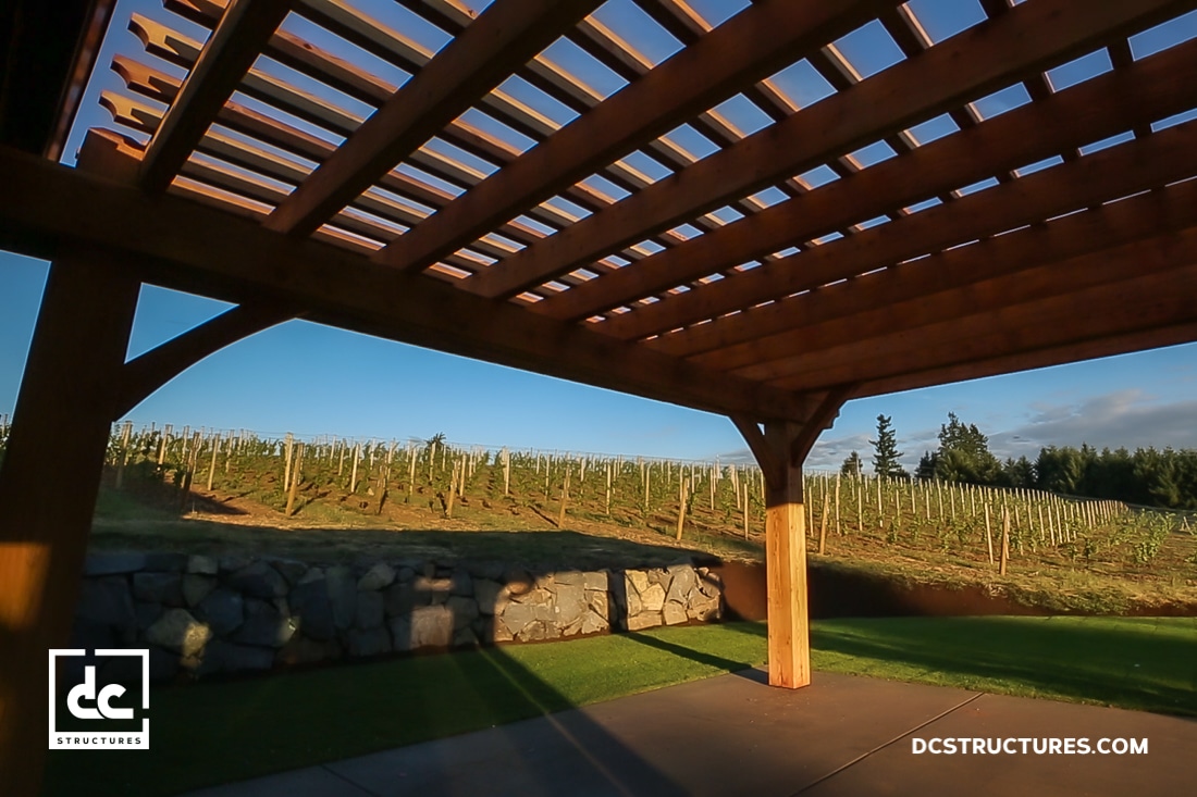 A wooden pergola casts shadows on a patio overlooking a vineyard with rows of grapevines and a stone retaining wall under a partly cloudy sky.