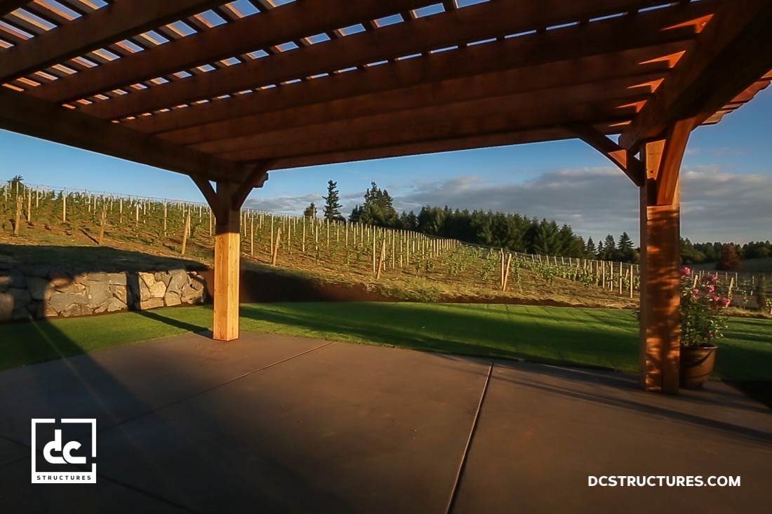 A wooden pergola stands on a concrete patio, overlooking a sunlit vineyard and green lawn with trees in the background.