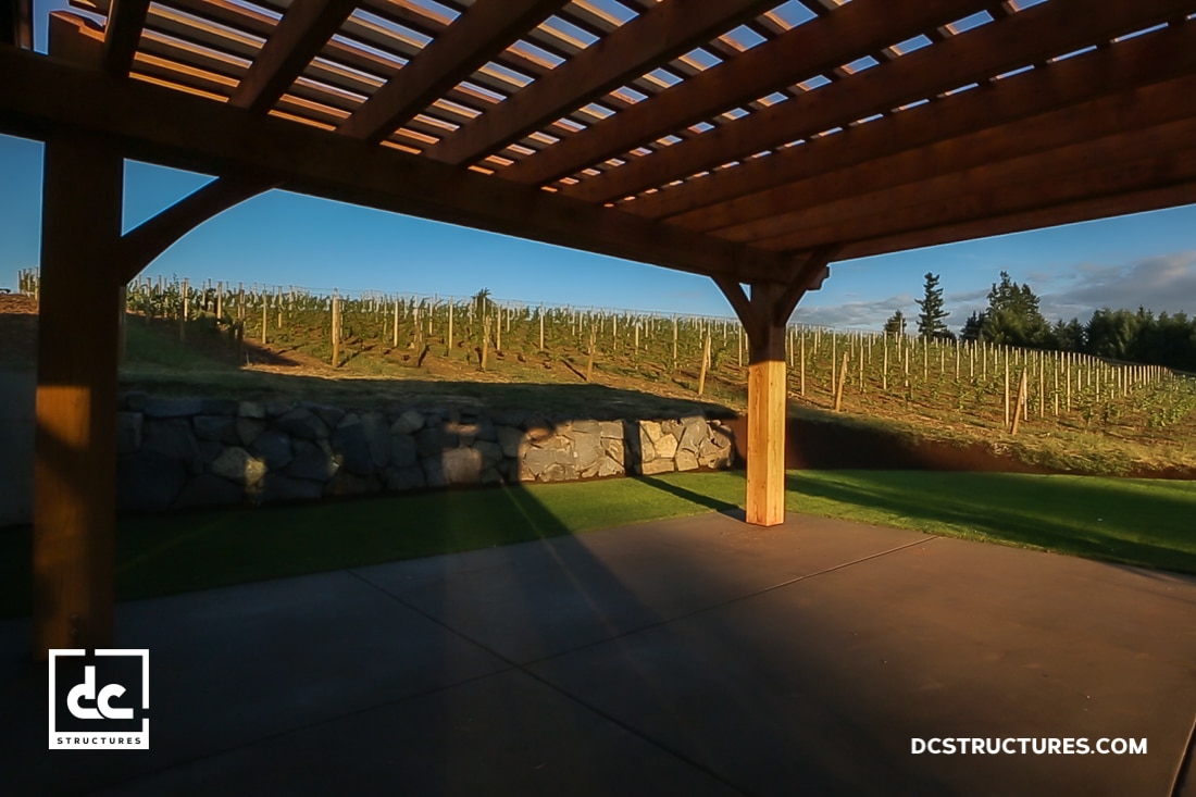 A wooden pergola casts shadows on a concrete patio overlooking a vineyard with rows of grapevines, stone wall, and distant trees.