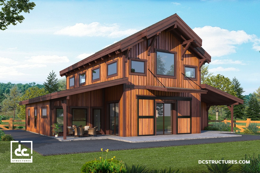 A modern wooden house with large windows and a slanted roof, set in a green landscape. The design includes an outdoor seating area under a covered porch. The sky is partly cloudy, adding to the serene ambiance.