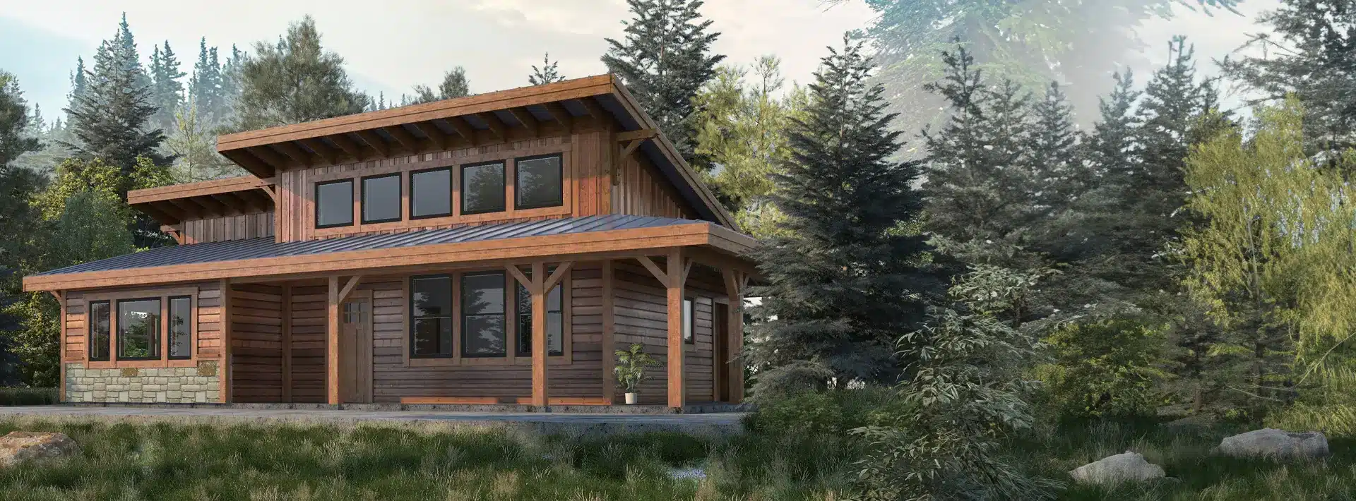 A modern wooden cabin with large windows and a slanted metal roof sits among tall evergreens and lush greenery in a peaceful forest.