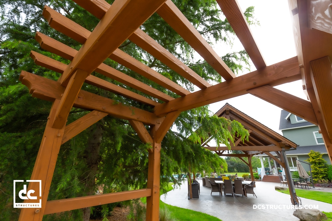 A wooden pergola structure stands near a patio with outdoor dining furniture, surrounded by greenery and trees. A two-story house is visible in the background.