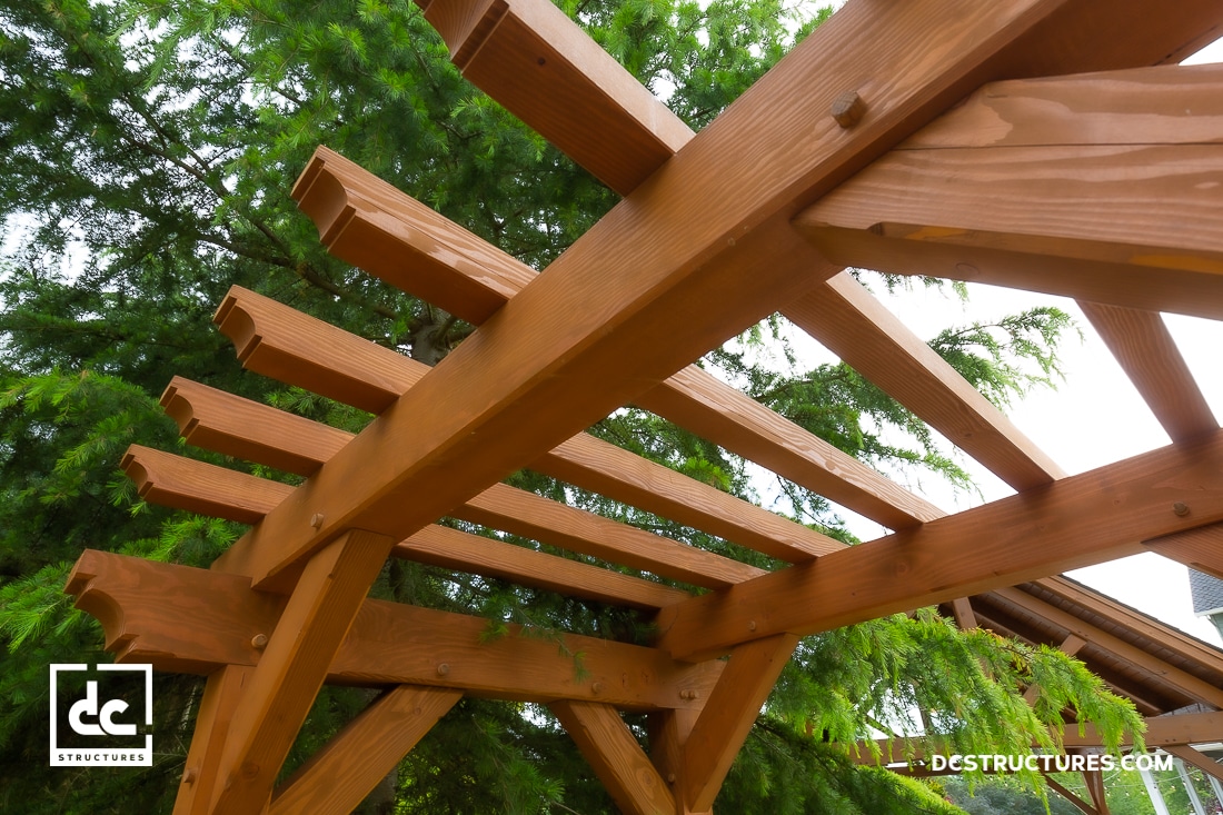 Close-up view from below of a wooden pergola structure with sturdy beams and rafters, set against the backdrop of green pine branches.