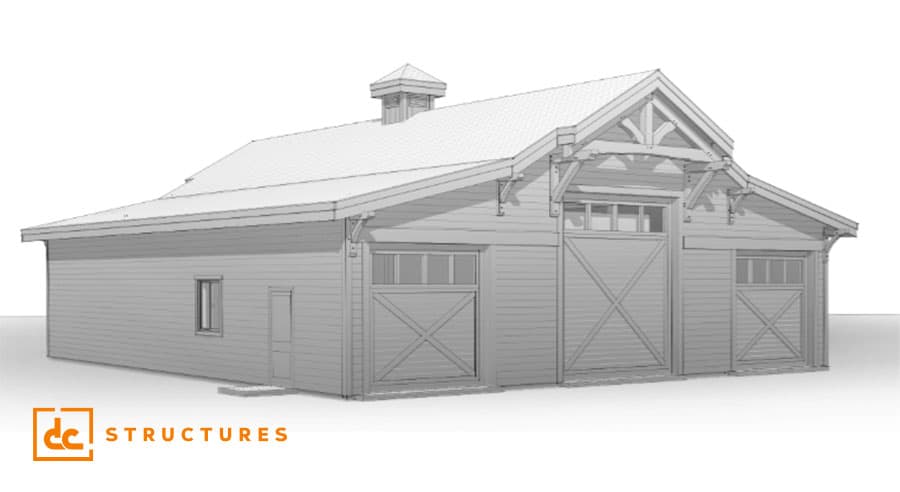 A detailed architectural sketch of a barn-like structure with large double doors and a gabled roof. The image features the DC Structures logo in the bottom left corner.