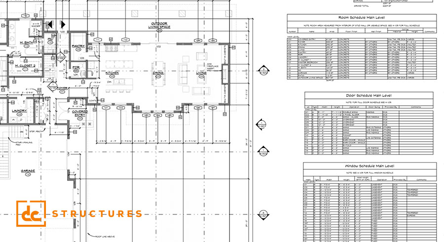 Architectural blueprint with detailed floor plans, symbols, and text annotations. Includes tables labeled "Room Schedule Main Level," "Door Schedule Main Level," and "Window Schedule Main Level" on the right side. Logo "CC-Structures" in the bottom left.