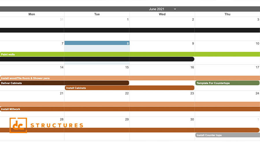 A project timeline calendar for June 2021. Tasks include painting, installing floors, delivering and installing cabinets, templating countertops, and installing millwork, scheduled from the 7th to the 30th. The DC Structures logo is visible at the bottom.